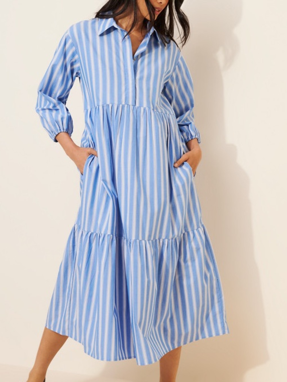 ANTHROPOLOGIE Bettina Stripe Maxi Dress Blue Striped Collared Sz: Large Petite
